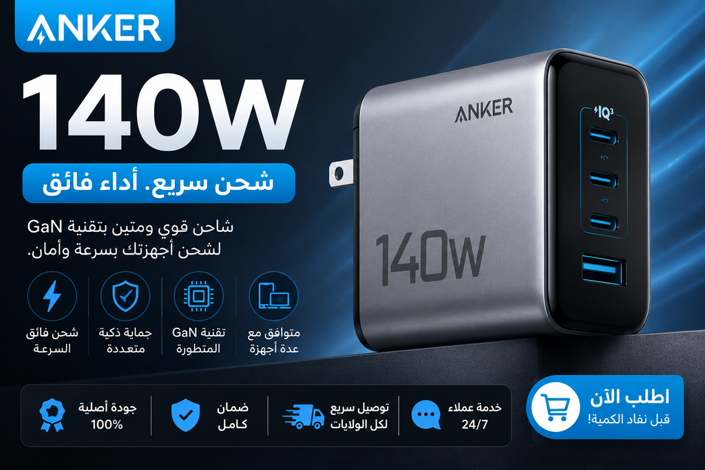 Anker Prime 140W GaN Charger | شاحن أنكر الأصلي 140 واط